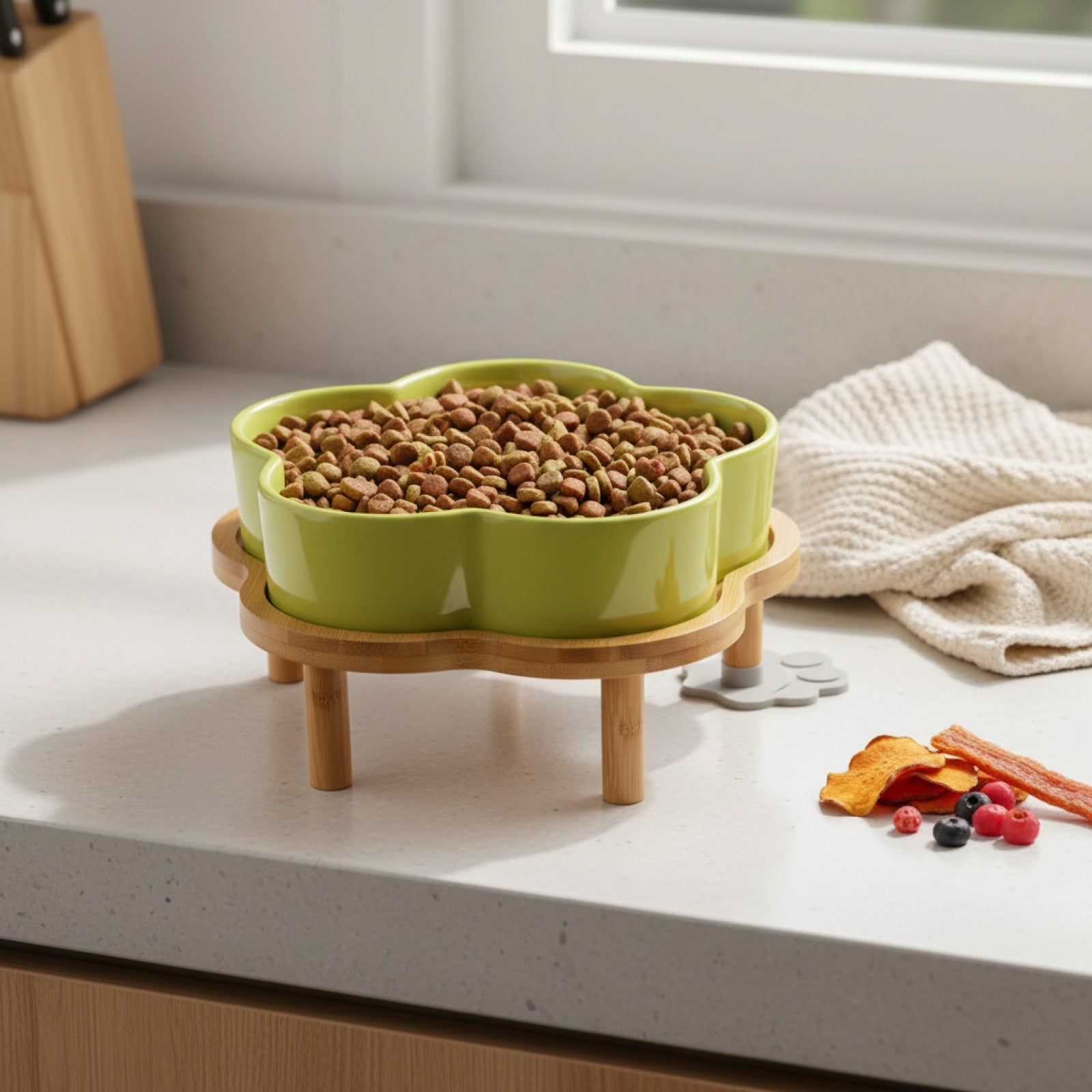 Bol Lente Alimentation en Céramique avec Support Bois - Anti-Étouffement pour Chiens & Chats Moyens/Grands